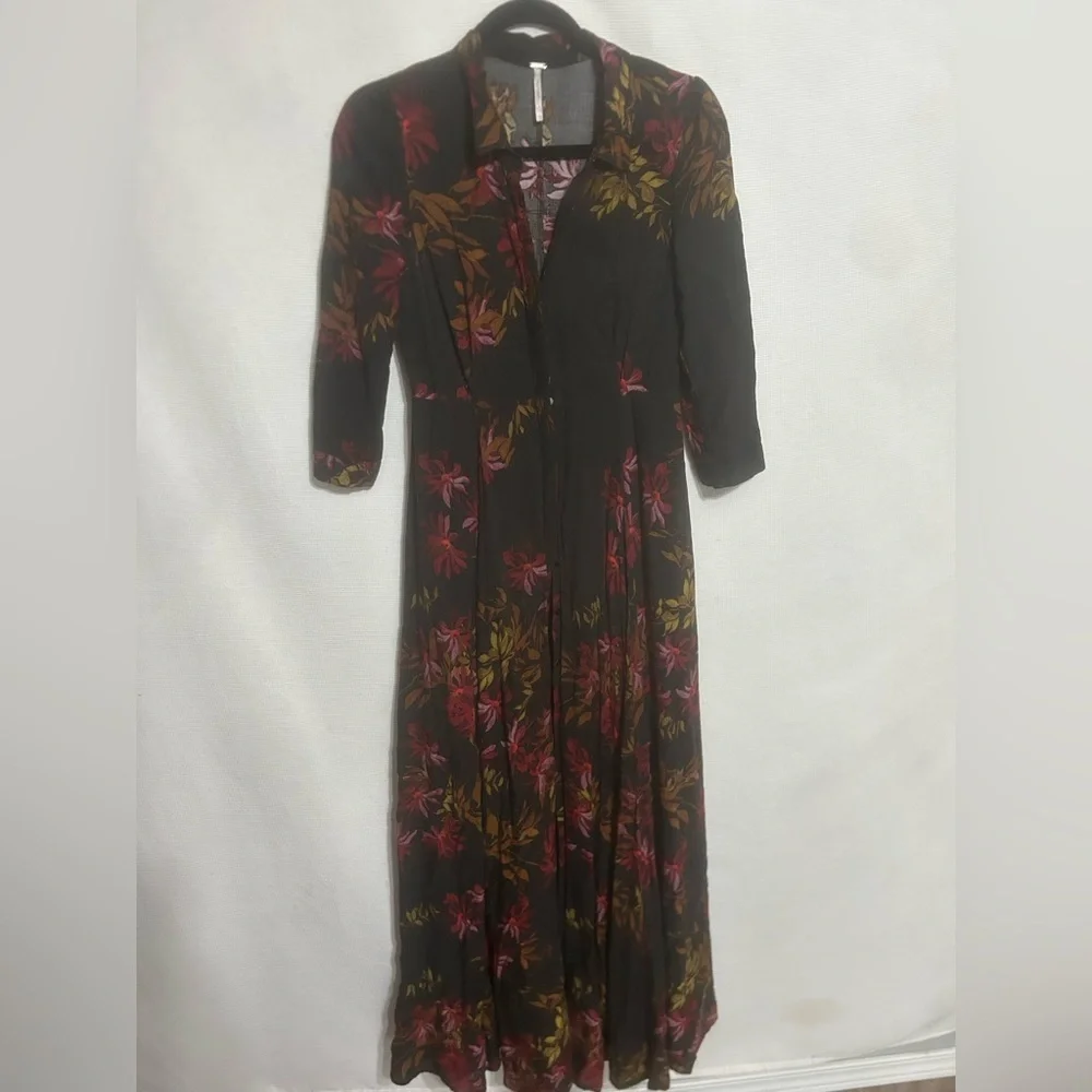 Rare Free People After The Storm Black Red Floral Print Boho Maxi Shirt Dress 4
